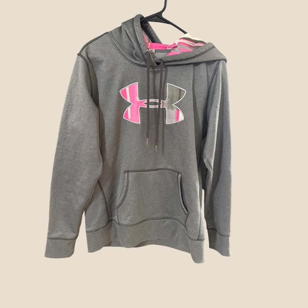Under Armour Storm Womens Gray Pink Graphic Logo Pullover Hoodie Sweatshirt L